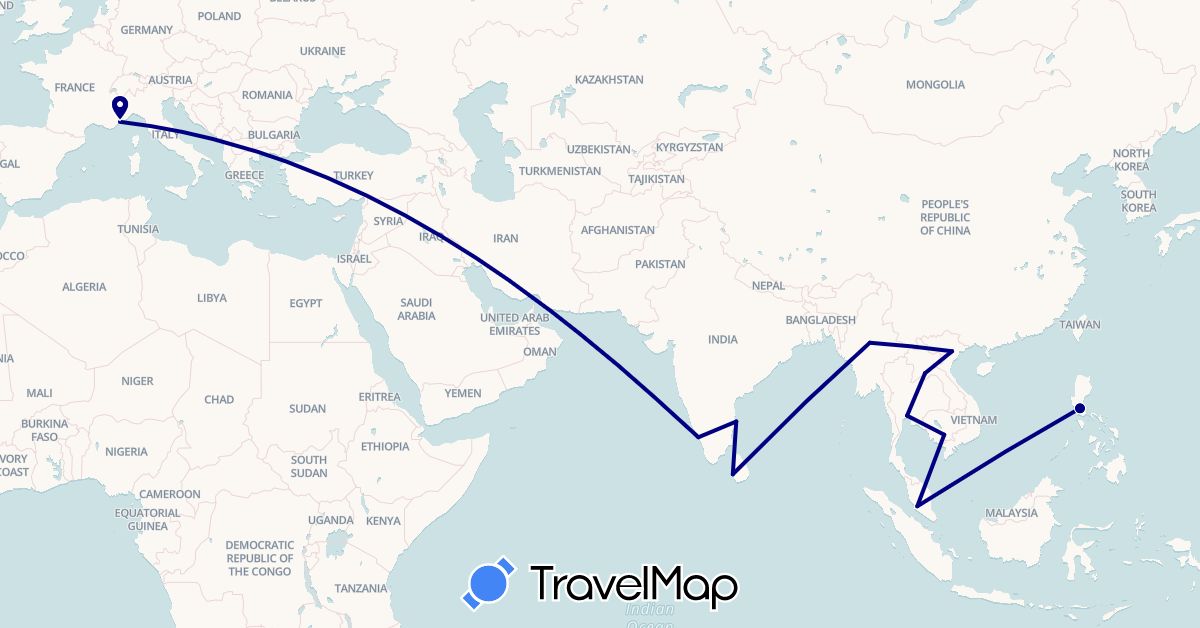 TravelMap itinerary: driving in France, Indonesia, India, Cambodia, Laos, Sri Lanka, Myanmar (Burma), Malaysia, Philippines, Thailand, Vietnam (Asia, Europe)